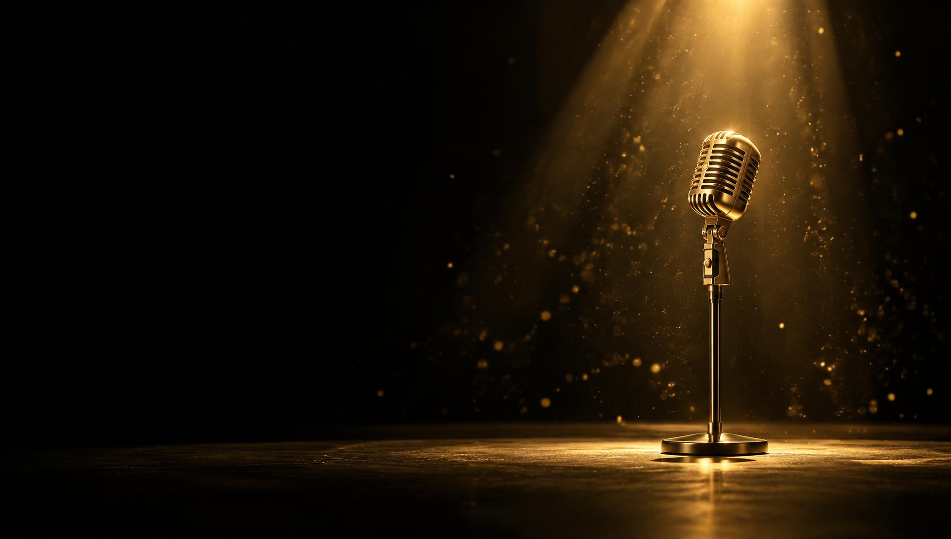 Golden microphone under a spotlight